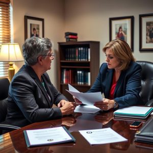 Two professional women sit at a polished conference table, reviewing documents together in an office setting.